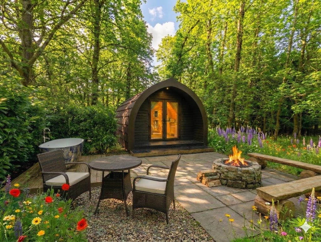(AI Generated) Glamping pod with private decking and outdoor seating at Tarn Sike
