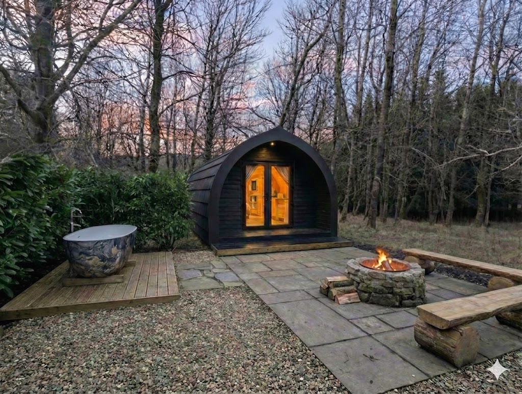 Luxury glamping pod at dusk, Tarn Sike Woodland Retreat