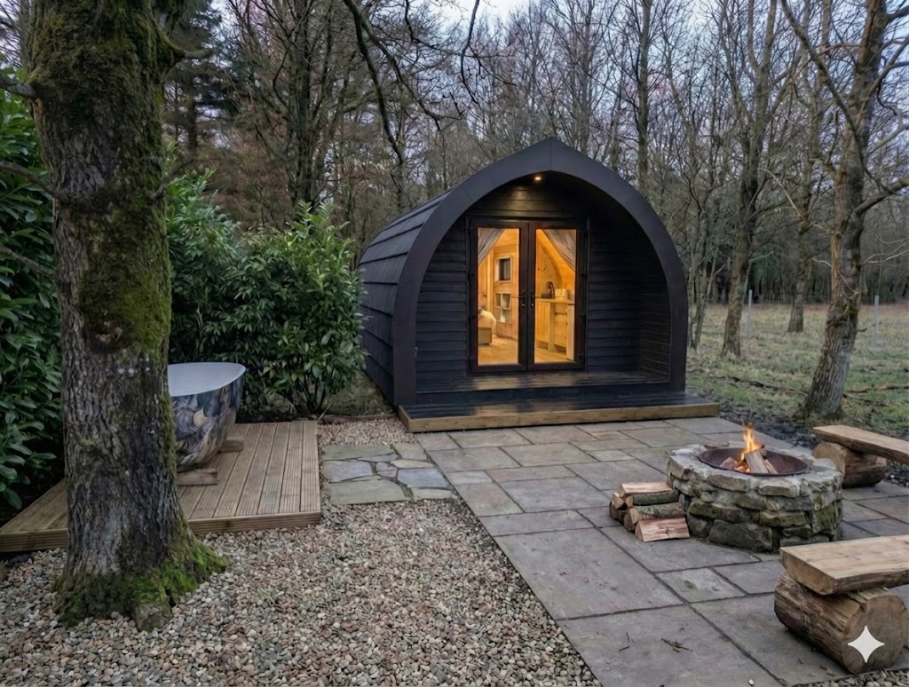 Luxury glamping pod exterior at Tarn Sike Woodland Retreat, Cumbria
